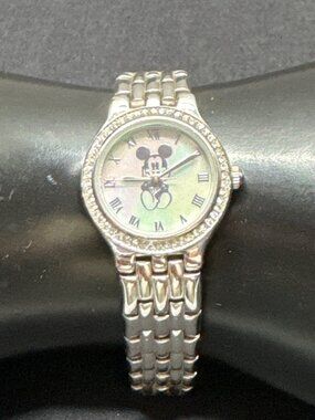 Disney Time Works Mickey Mouse Womens Watch With Rhinestone Bezel & Mother-Of-Pe